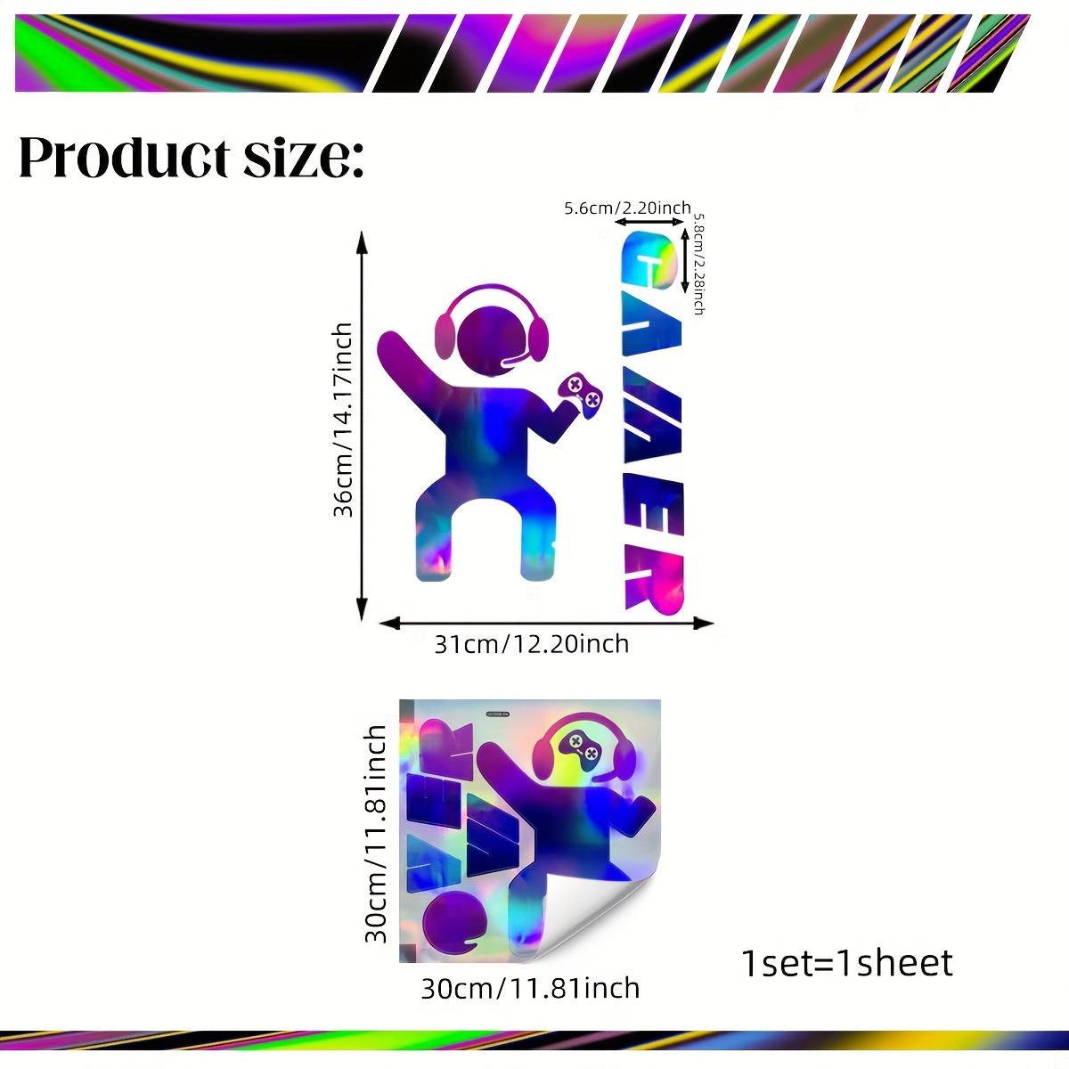Image of 30x30cm Iridescent Gaming Wall Decal - Vibrant Gradient Pvc Sticker With "gamer" Design, Self-adhesive For Modern Home Office Or Gaming Room Decor, Room Accent | Gamer Aesthetic | Iridescent Finish
