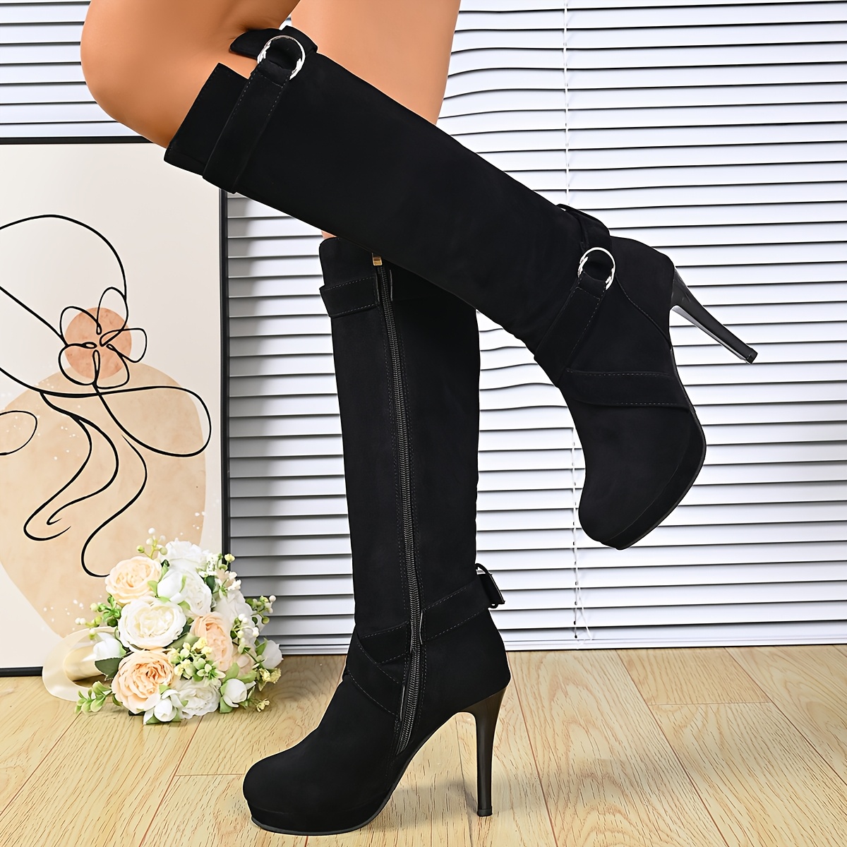 TEMU European And Pleated Boots For Women With , Stiletto Heel, Side Zipper, Plus Size Fashion Long Boots