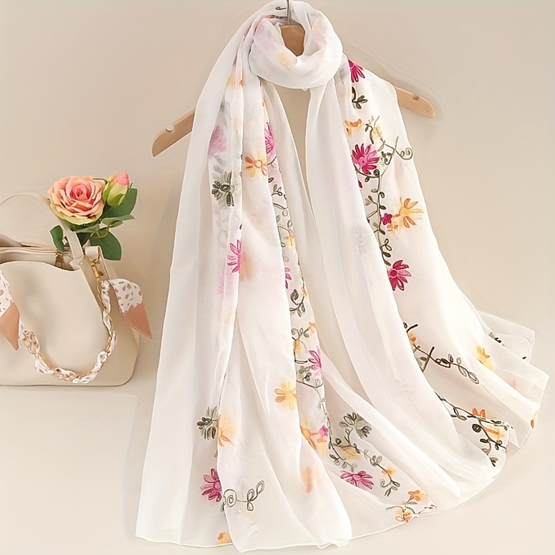 TEMU Boho Style Embroidered Polyester Shawl - Breathable And Beach Scarf, Elasticity Knitted Wrap For Spring And Autumn, Artistic Embroidery Craft - 1pc (no Feathers, 100% Polyester)