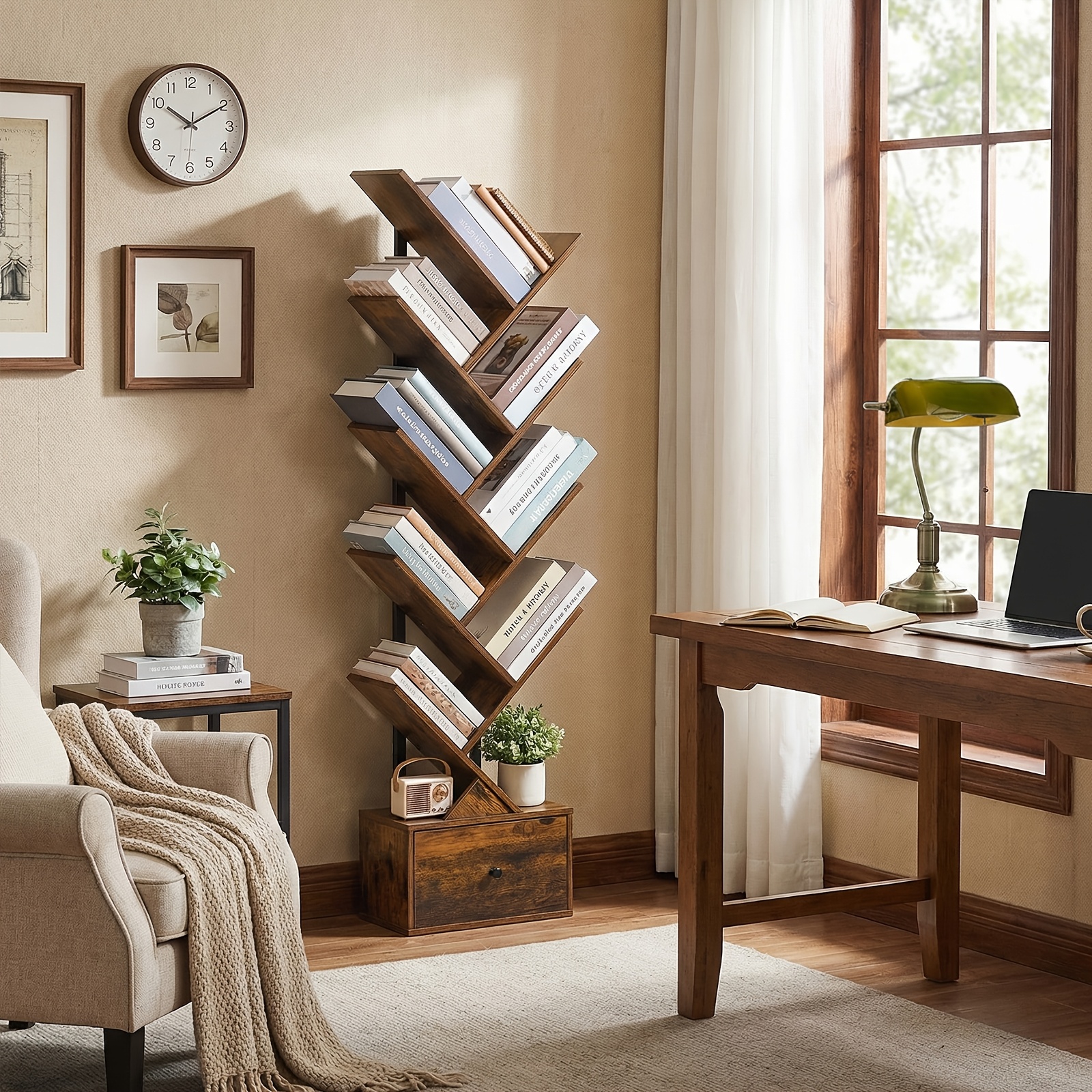 Image of Drawers Bookcase, 9-tier Standing Bookshelf, Tree-shaped Bookcase, Dvd Stand, Freestanding Bookshelf, Suitable For Living Room, Bedroom, Home Office