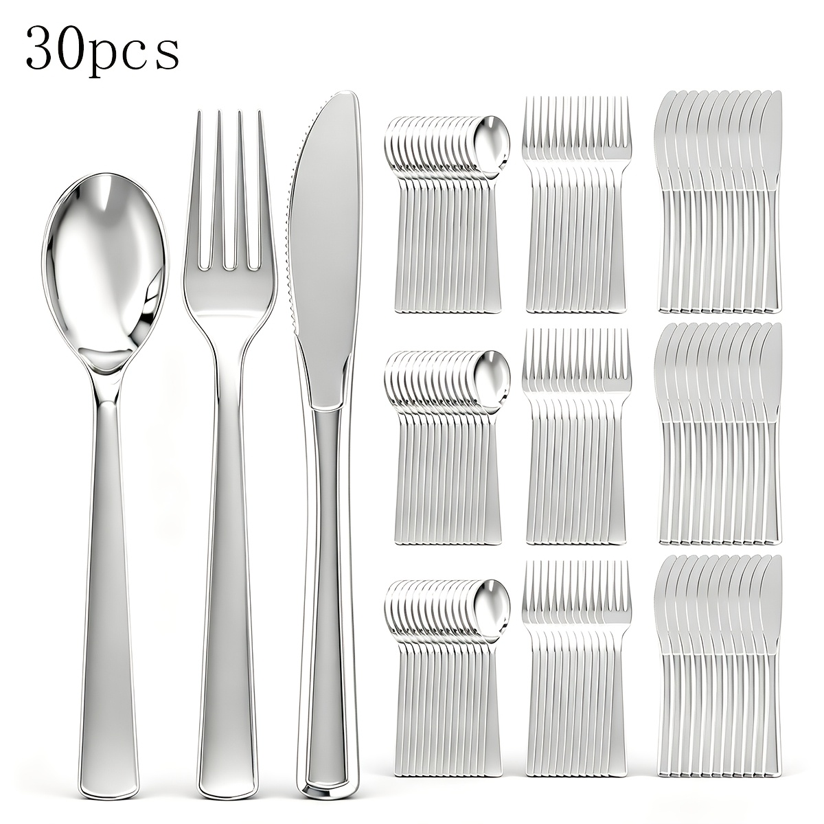 TEMU 30pcs Silvery Plastic Cutlery Set, Including 10 Knives, 10 Forks, And 10 Spoons, Christmas, Wedding Banquets, Birthday Parties, Anniversary