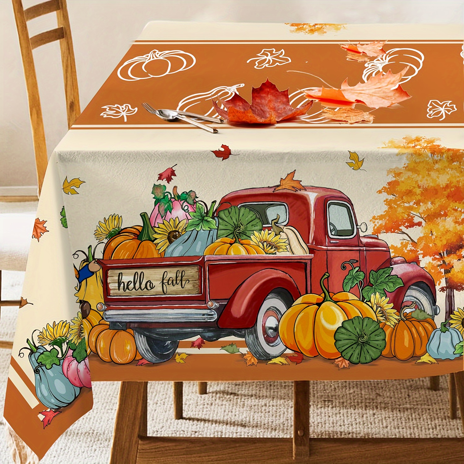 

Thanksgiving Polyester Tablecloth – Rectangular Harvest Festival Pumpkin And Maple Leaf Design With Vintage Truck, Machine-woven Non-woven Fabric, Ideal For Autumn Home & Party Decor, Set Of 1