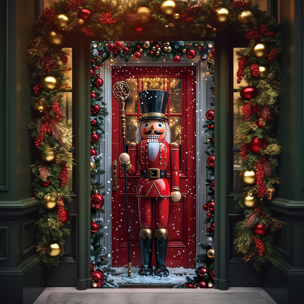 

Nutcracker And Christmas Ball Polyester Door Hanging - Multi-functional Winter Farmhouse Front Door Decoration, Home Wall Art, No Electricity Required, Christmas Decor 35.4*70.8 Inches