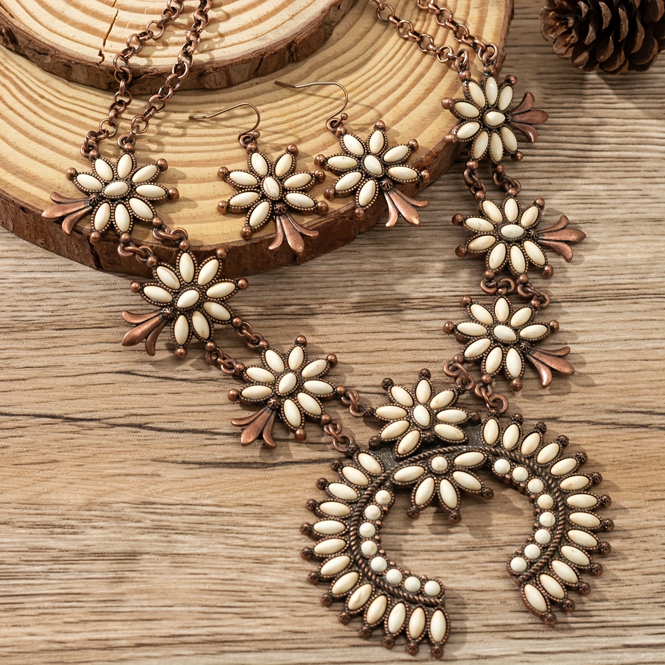 TEMU Elegant Bohemian Style Alloy Earrings & Necklace Set With Turquoise And Beige Beads - Daily Wear And Gift, Everyday Jewelry|vintageinspired