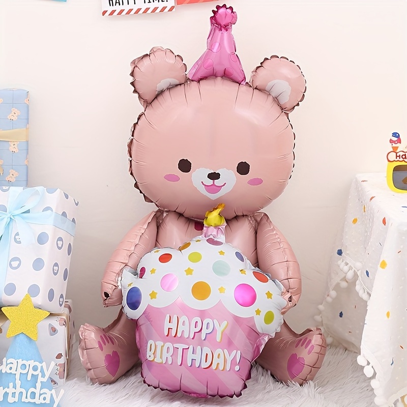 Image of 1pc 31" Bear With Cake-shaped Aluminum Foil Balloon, Uncharged Party Decoration For Birthday, Christmas, Halloween, Thanksgiving, Valentine's Day Gifts, Bear Home Decor