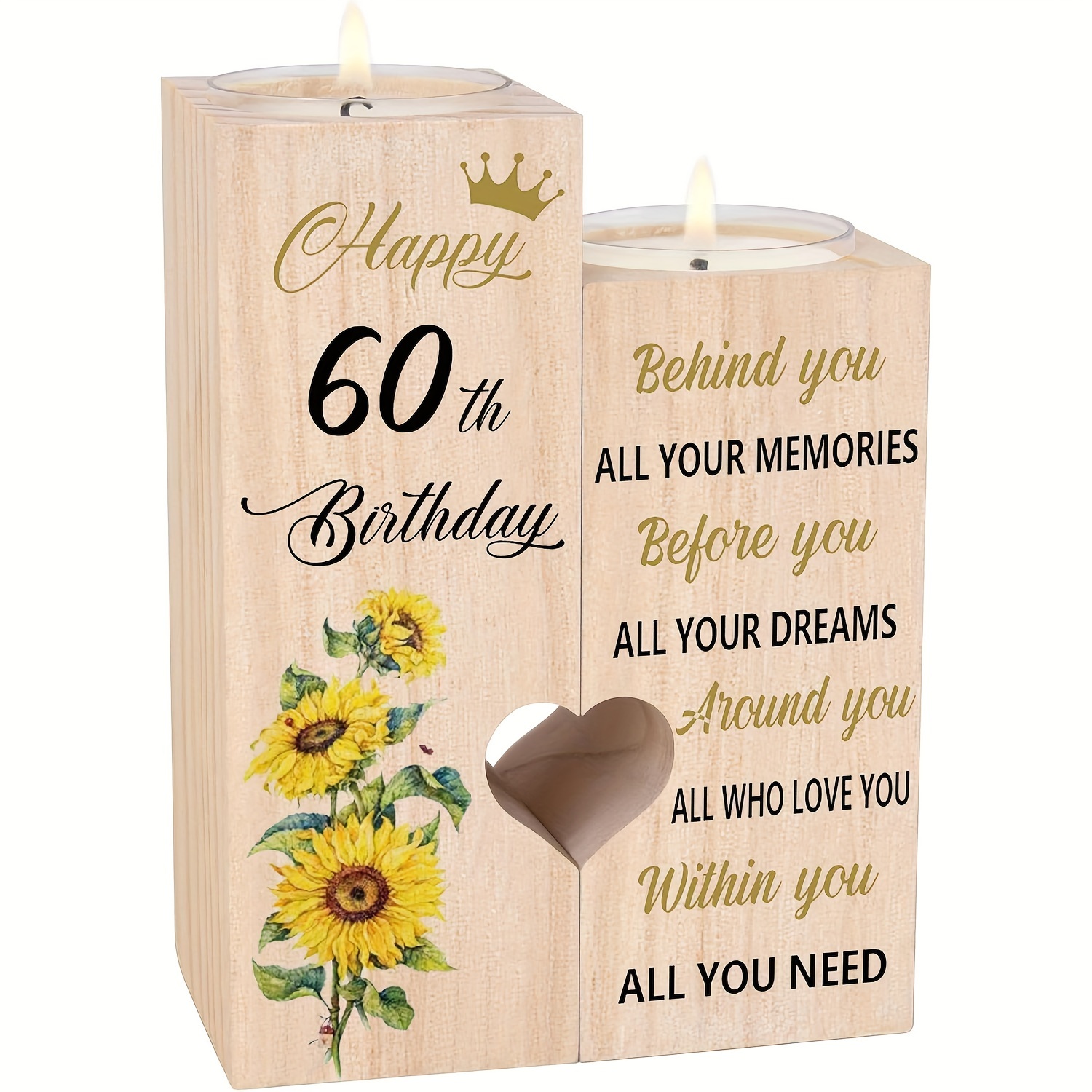 Image of 60th Birthday Candle Holder Gift For Women - Polished Wooden Sunflower Design With Inspirational Message, Perfect For Wife, Mom, Sister, Or Aunt (candles Not Included), Candle Holder Decor, Halloween