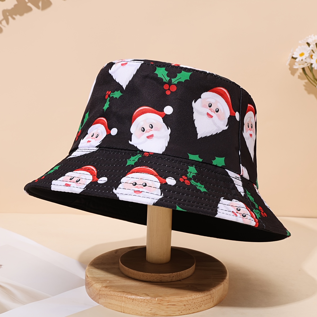 TEMU 1pc Women's & Men's Christmas Hat With Santa Claus, Snowman & Snowflake Print - Cute Winter Fisherman/basin For Holiday, Accessory (unisex)