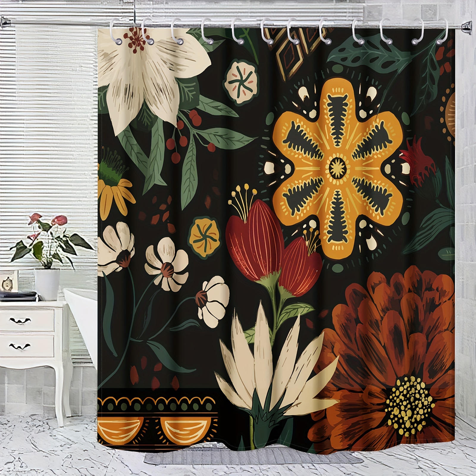 Boho Mushroom Shower Curtain Retro Flowers Bathroom Decor - Temu