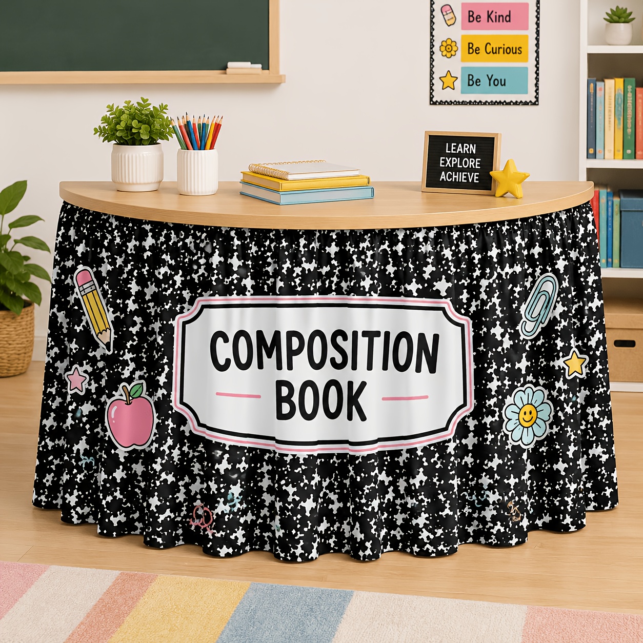 TEMU Nappe sur le thème de , 1 pièce, pour Halloween, Noël, fêtes, décoration de bureau de classe - mouchetés avec pommes roses, crayon et fleurs