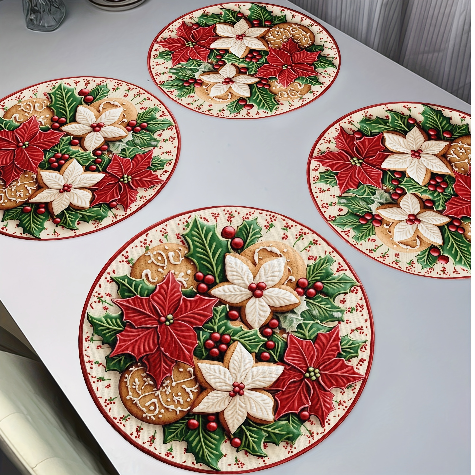 TEMU Jit Set Of 4 Christmas Round Placemats, Polyester Knit Fabric Table Mats With Poinsettia And   Pattern, Hand Washable Holiday Dining Decor, 15-inch Diameter