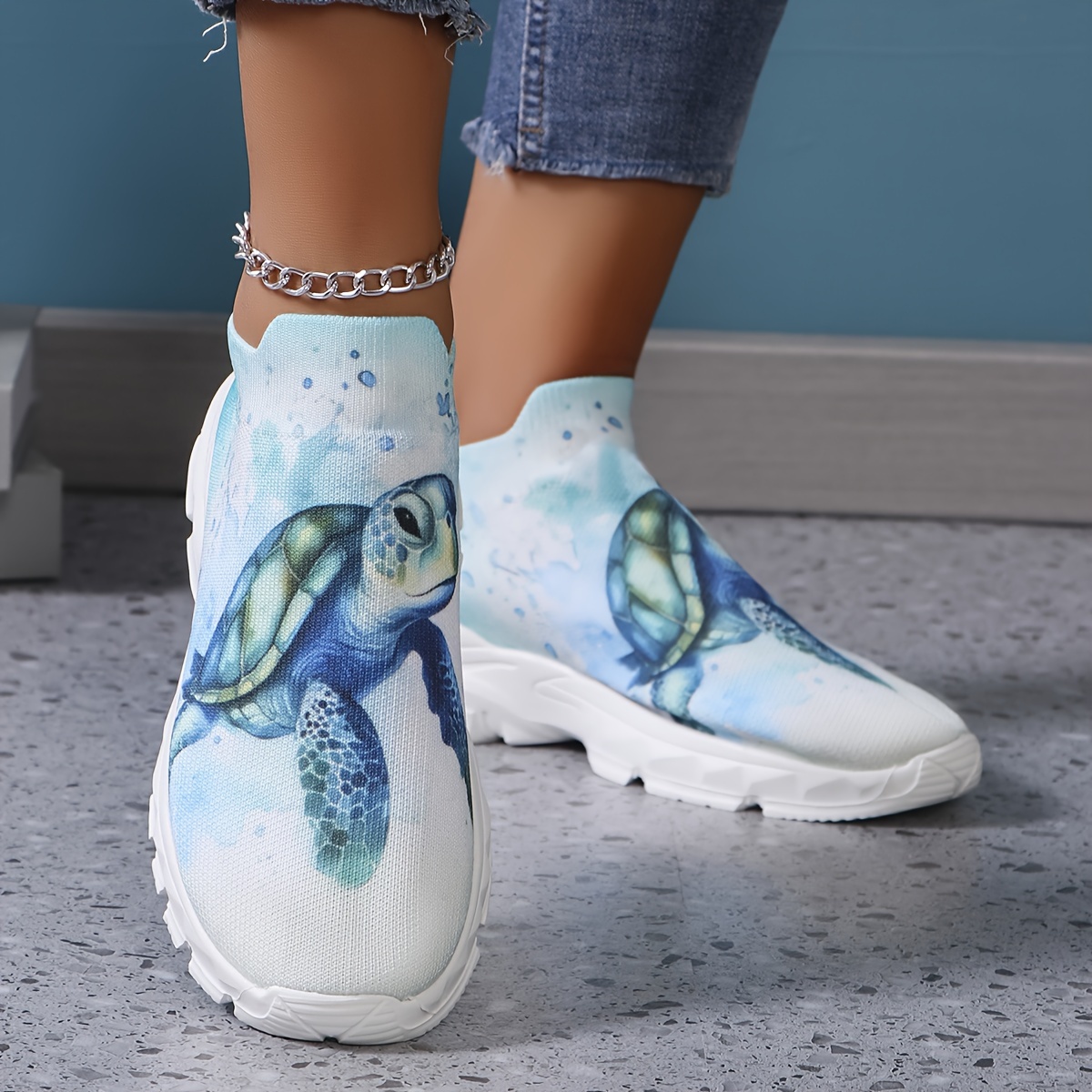 

Sneakers respirantes à imprimé de tortue de mer vintage, chaussures de sport à enfiler toutes pour femmes avec semelle en EVA et tige en tissu - Lavables en machine, design pour l'Amérique et de