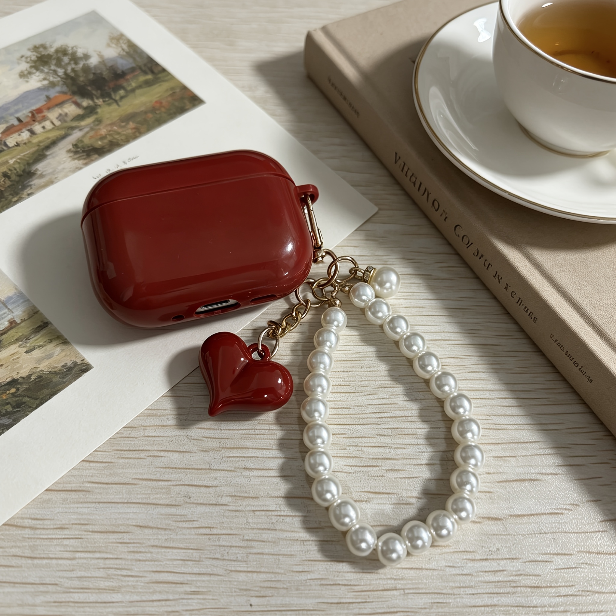 TEMU Estuche Protector para Auriculares Inalámbricos for AirPods con Colgante de Perla Vino - Resistente a Arañazos y Antigolpes