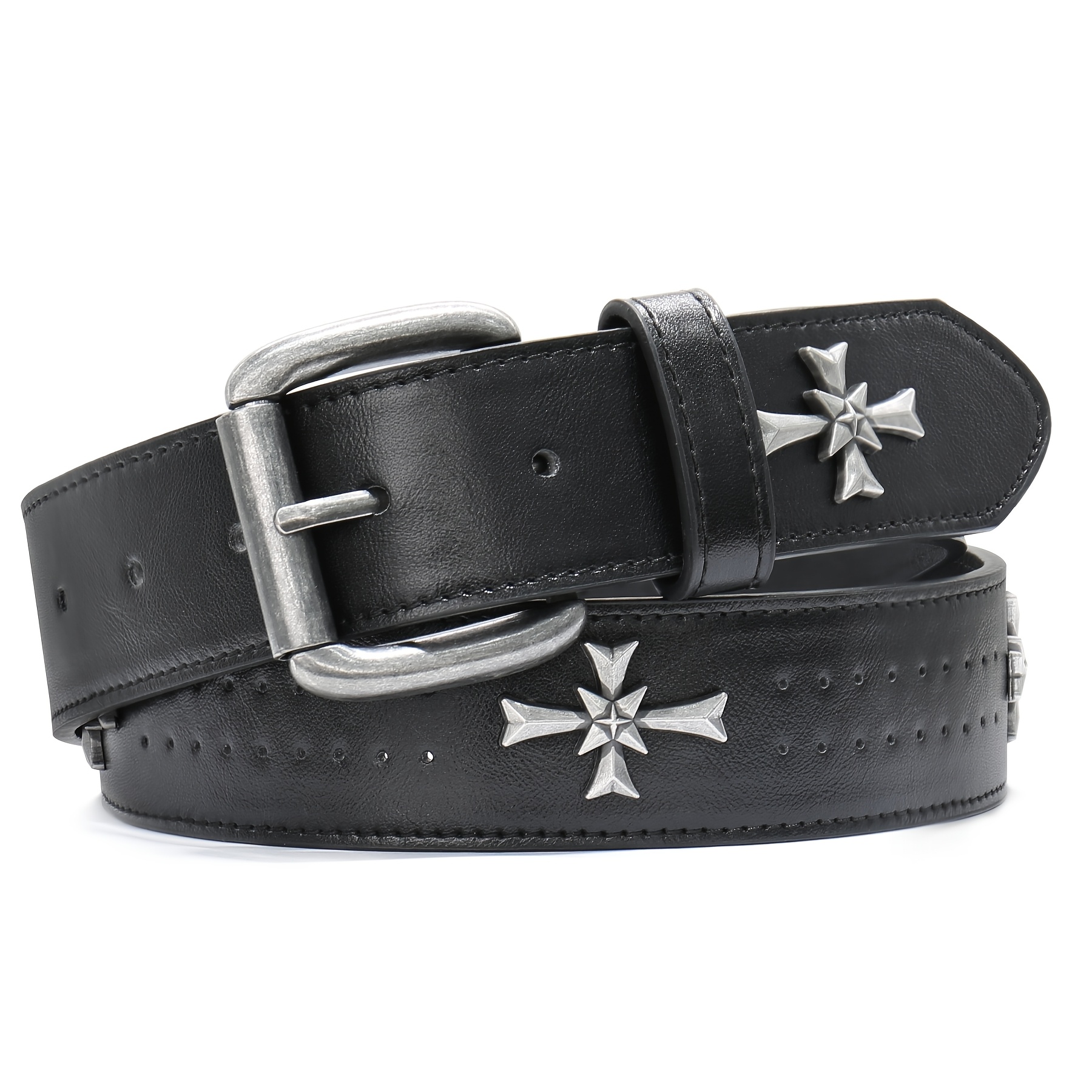 E-shop Vintage Punk-Gürtel für Damen Herren, Metall Y2k Gürtel mit Kreuznieten für Jeans Hosen, Kunstleder-Gürtel