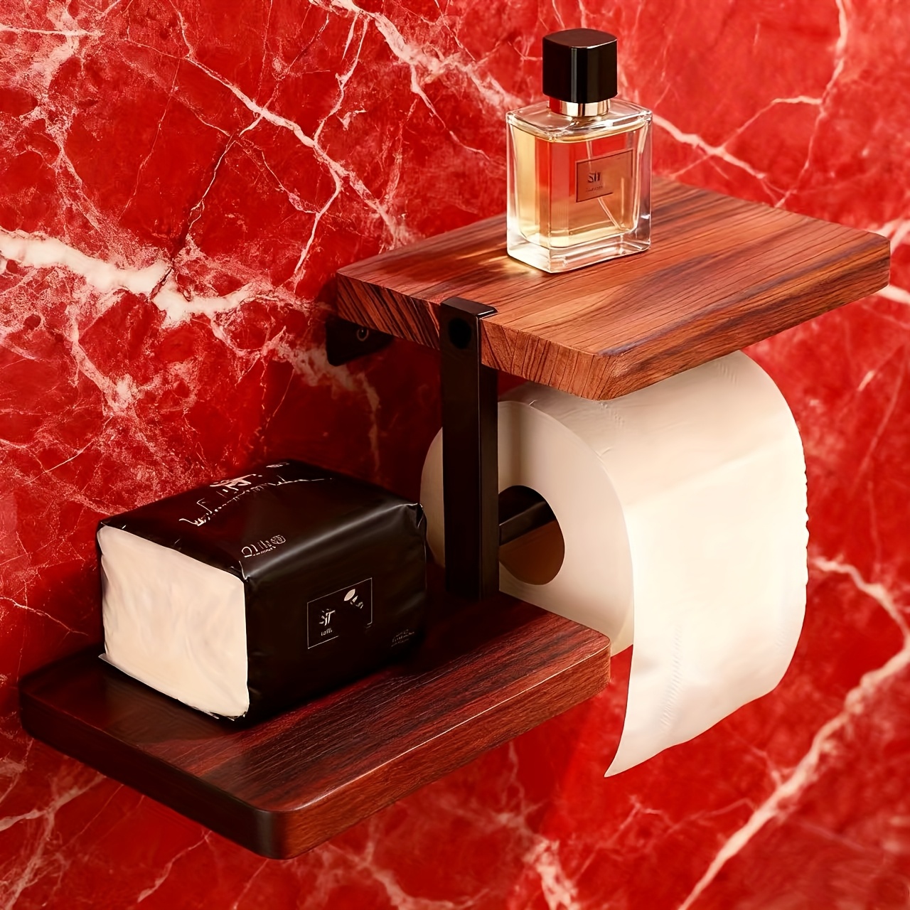 Portarotolo da Parete in Legno Massiccio Bruciato con Mensola Portaoggetti