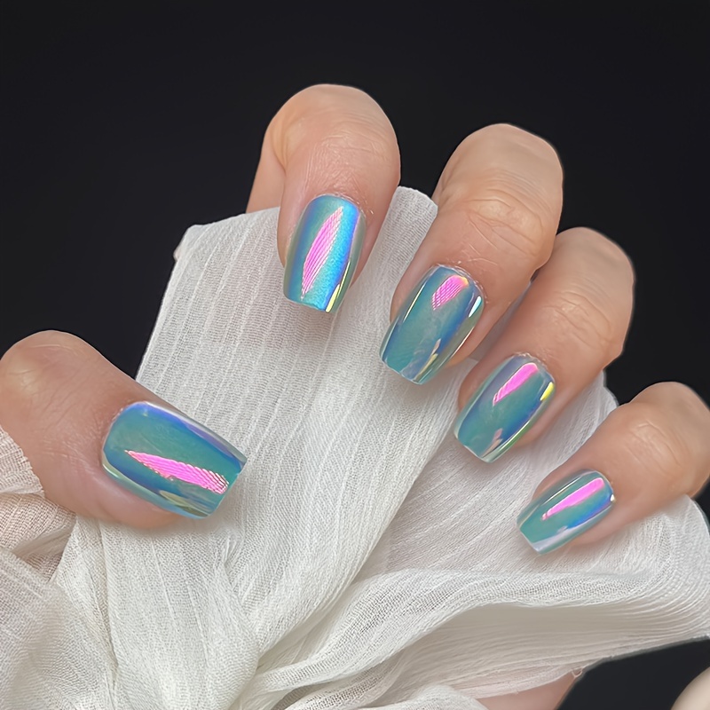 

Reflective Holographic Glitter Nail Tips In Blue And Pink Tones - Short Length Pre-designed Press-on Nails With Glossy Finish And Gradient Effect, Set Of 30