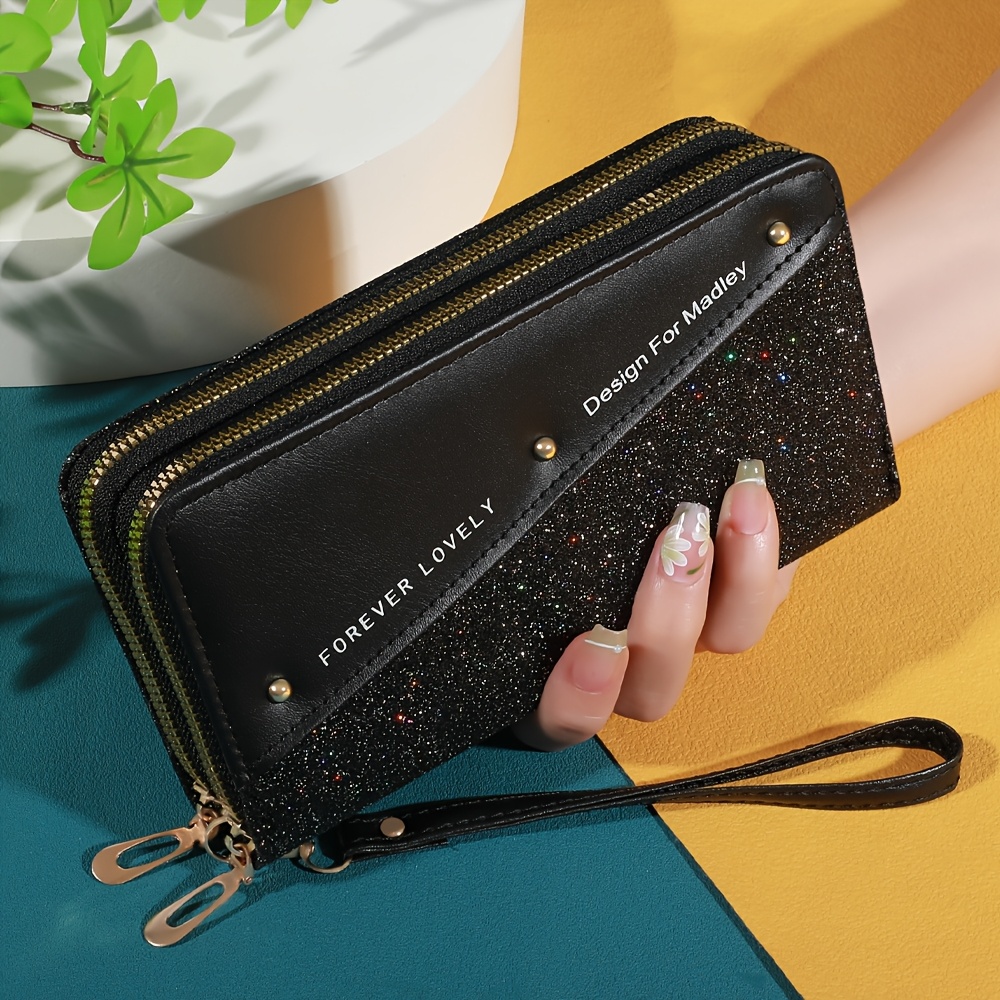 Image of Red Glitter Long Wallet With Wrist Strap, Women' Zipper Clutch, Multi-card Slots, Coin Purse, Fashionable And Cute Design, Suitable For Daily Use