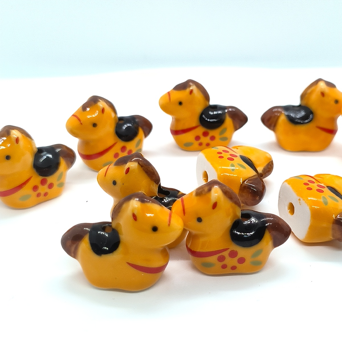 3pcs Yellow Pony Plum Blossom Pattern Ceramic Beads for DIY Crafts