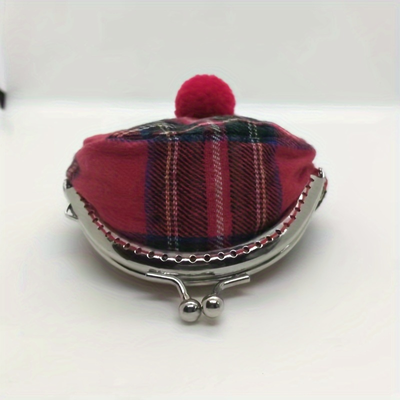 

Mini porte-monnaie en de casquette à carreaux preppy avec pompon, en fibre chimique, motif écossais, fermeture à pression