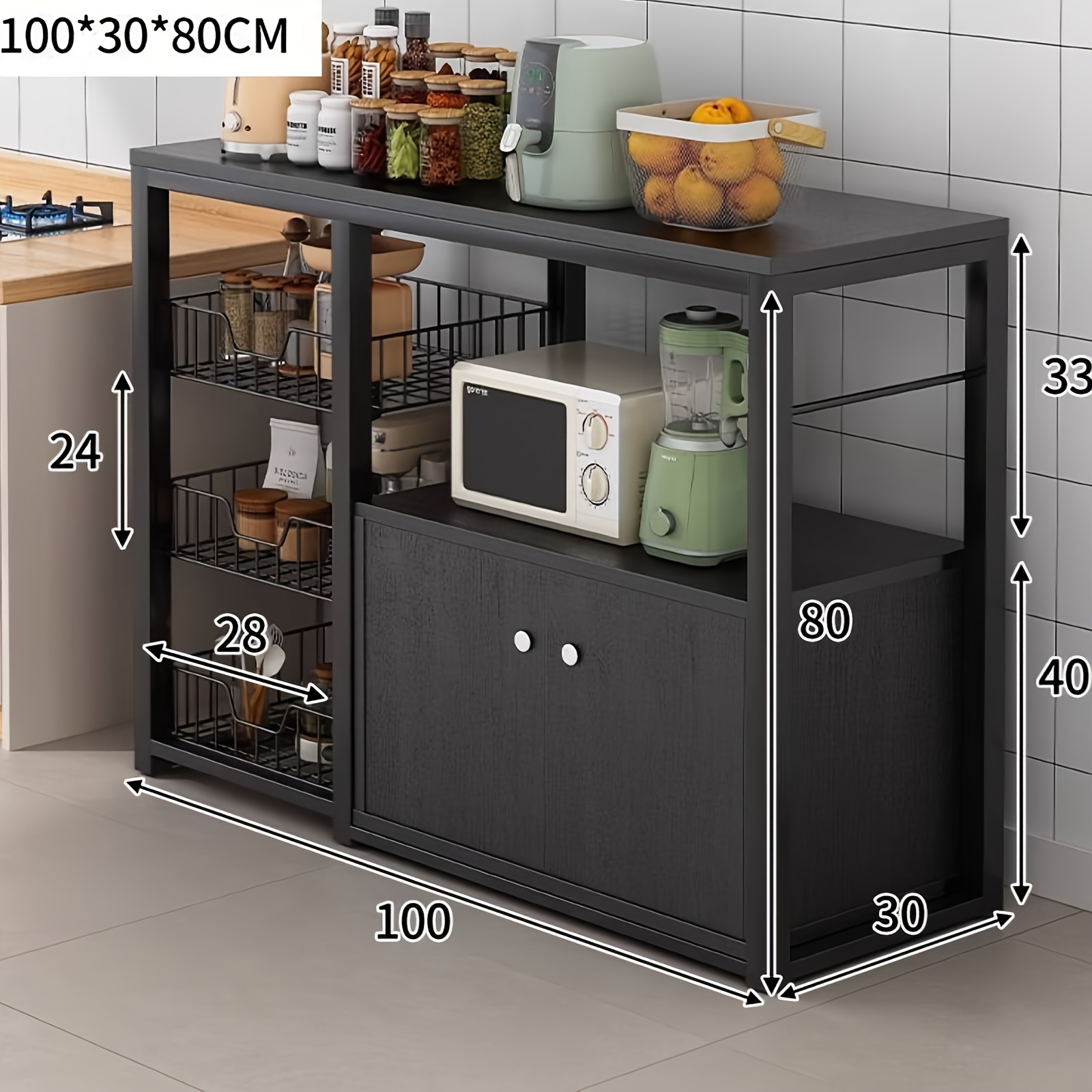 Image of Black Kitchen Storage Cabinet With Microwave Shelf, Kitchen Baker's Rack, Coffee Bar, Microwave Oven Stand, With , Wire Basket, 6 Hooks, 39.37x11.81x31.5in, Black