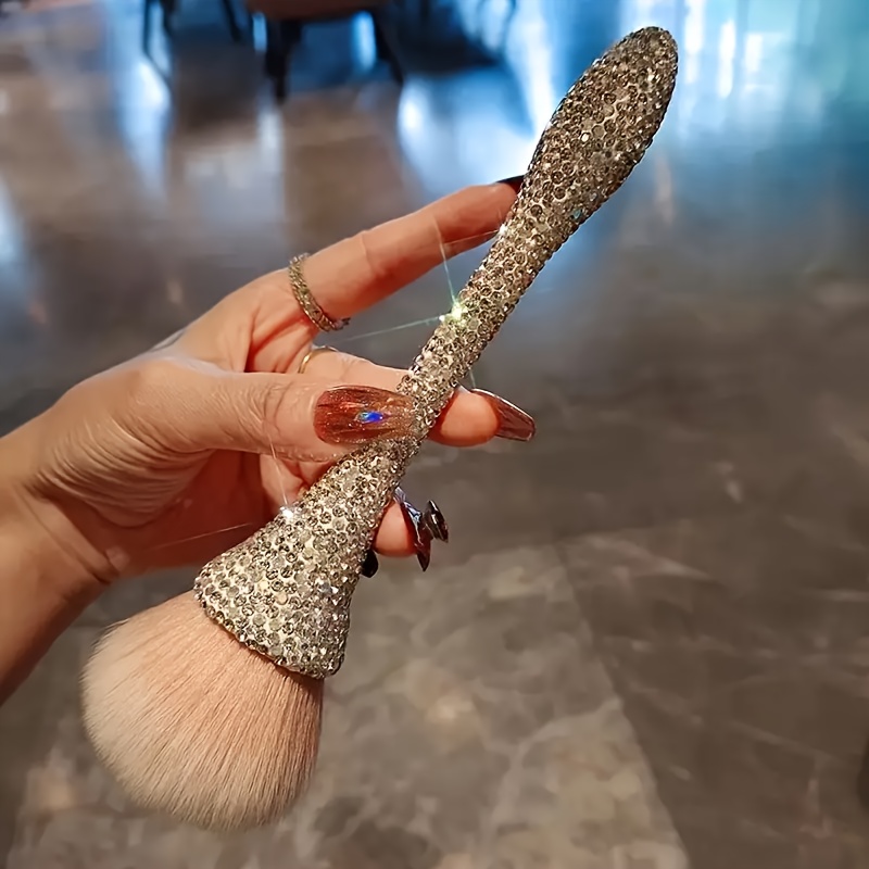 Image of Luxury Rhinestone Embellished Large Blush Brush - Soft Synthetic Bristles, Abs Handle, Suitable For Types, Ideal For Foundation And Nail Art Application