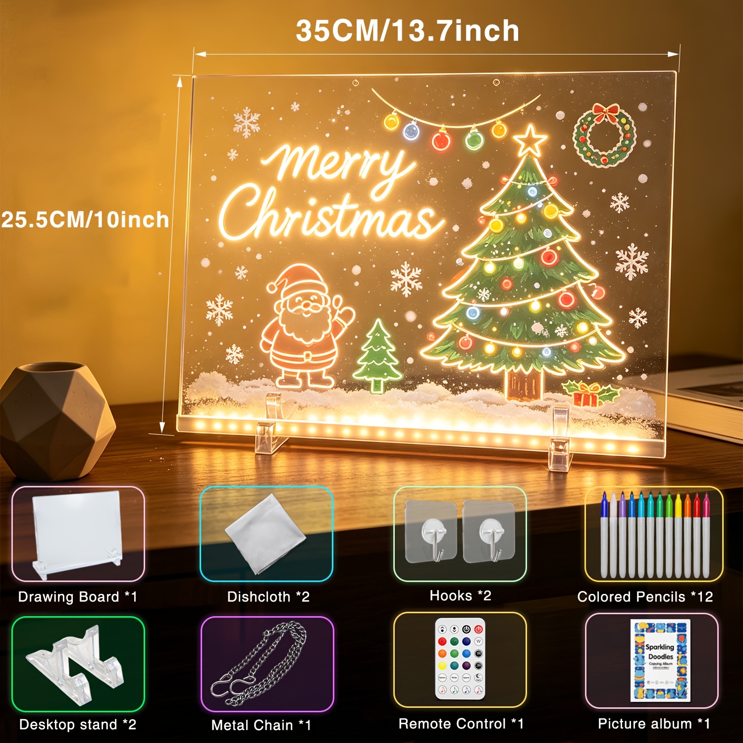 TEMU Led Drawing Board With 200 , 13.7x10 Inch Neon Acrylic Dry Erase Board, App & Remote Control, 12 Markers & Tracing Book, Stand & Hang, Christmas