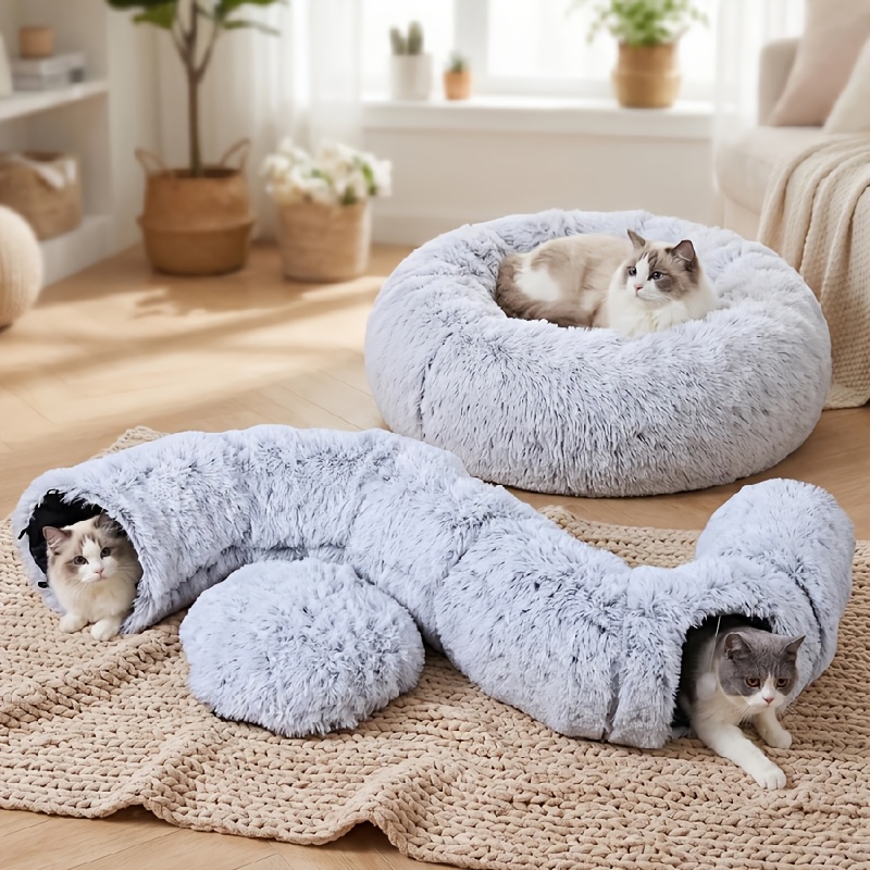 TEMU Soft Fluffy Cat Tunnel Bed With Round Donut Cat Nest, 2-in-1 Plush Pet Hideout Tunnel Toy, Warm Deep Sleep Cat Bed For Indoor Cats Kittens Small