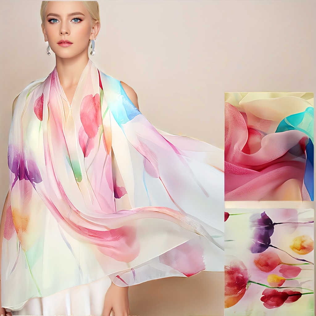 Image of 100% Silk Scarf Shawl With Vibrant Tulip Print – Lightweight, Breathable, And Elegant Wrap For Women, Spring And Summer Fashion Accessories
