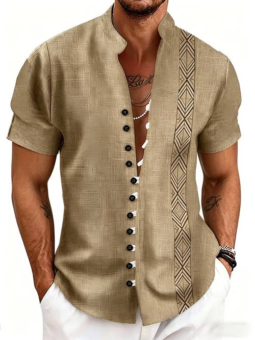 immagine dell'articolo camicia casual da in lino con stampa , alla , maniche corte, abbottonatura, top bohémien etnici in stile street style, adatta per , quotidiani, estate e abbigliamento per