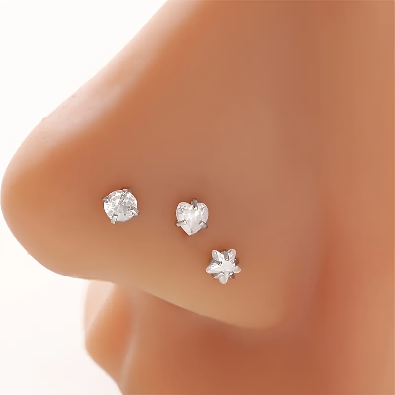 TEMU 3pcs 304 304 Stainless Steel Nose Rings Studs Surgical 304 304 Stainless Steel Piercing Jewelry With Synthetic Synthetic Zircon​​ Heart And Star