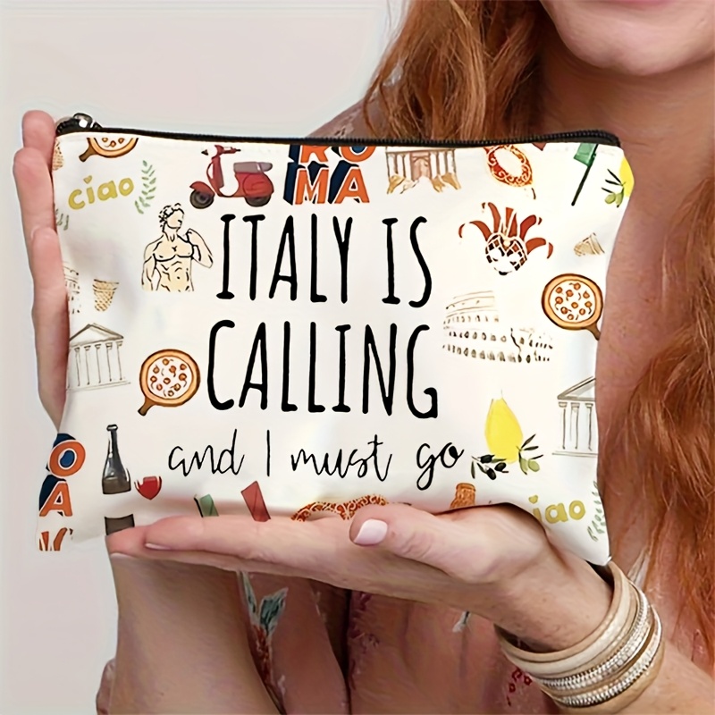 TEMU 1pc "italy Is Calling, I " Large Capacity Makeup Bag - Iconic Italian Souvenir Design, Durable Polyester, Zippered Cosmetic Pouch With Vibrant
