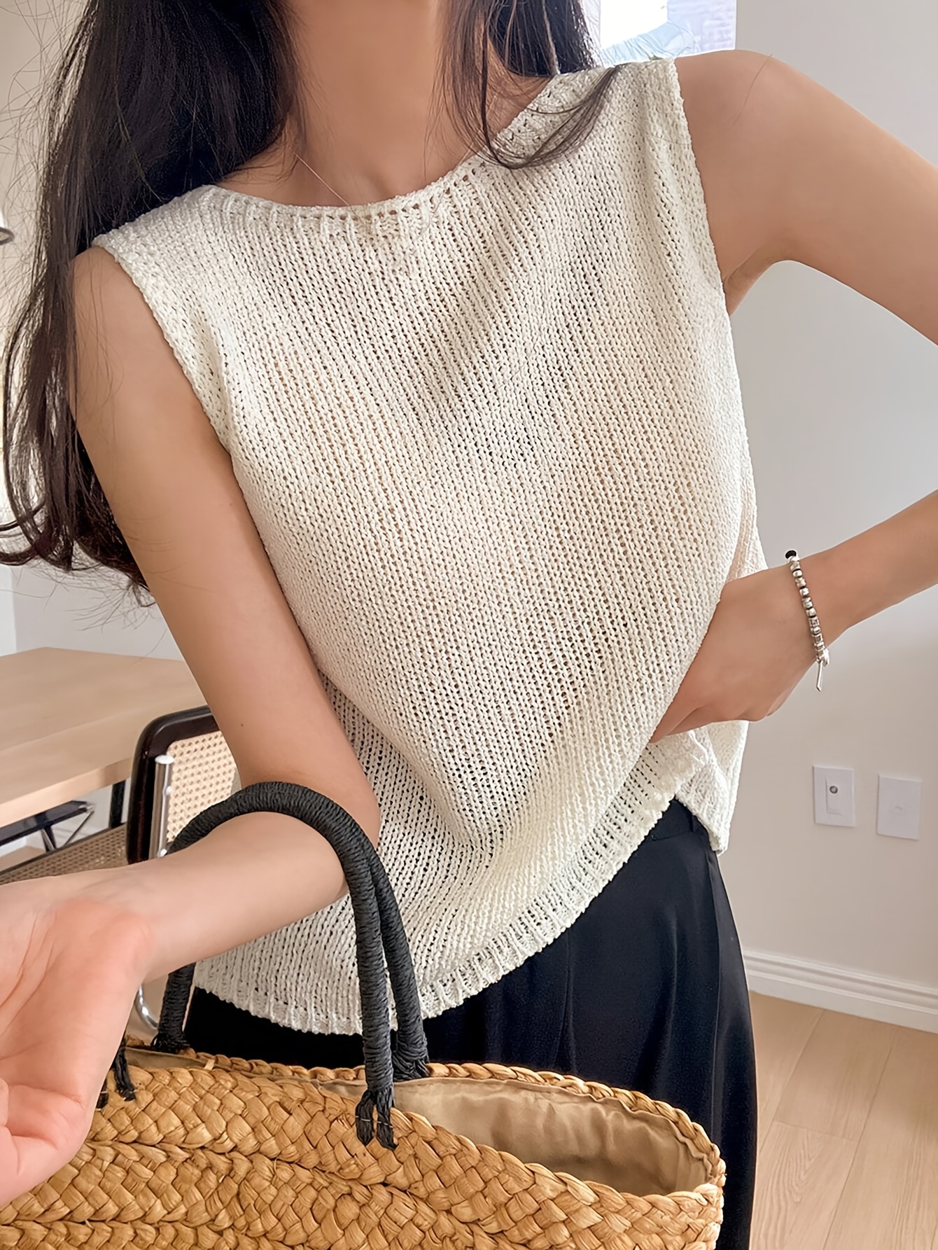 Women's Elegant Summer Sleeveless Top - Breathable Round Neck Solid Color Casual Chic Shirt, Hand Wash Only, Everyday Fashion, Open Front Design, Quality Craftsmanship