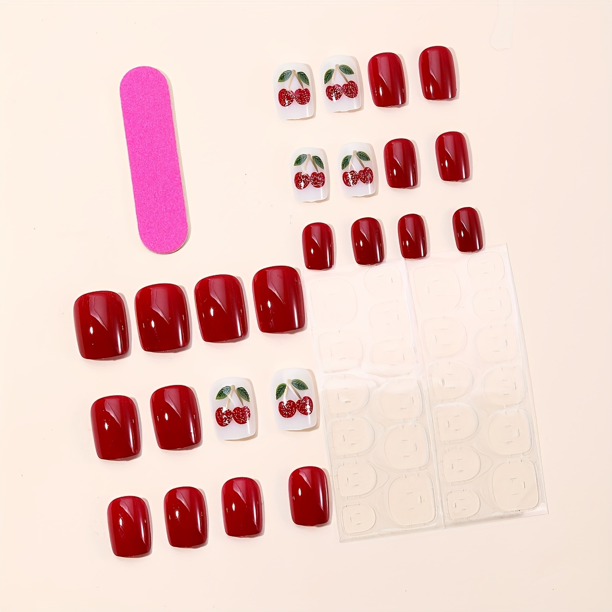 TEMU 24pcs Short Square Press-on Nails Suitable For Women & - Cherry Glossy Fake Nails With Nail Care Tool Kit, Short Length Suitable For Daily Wear,