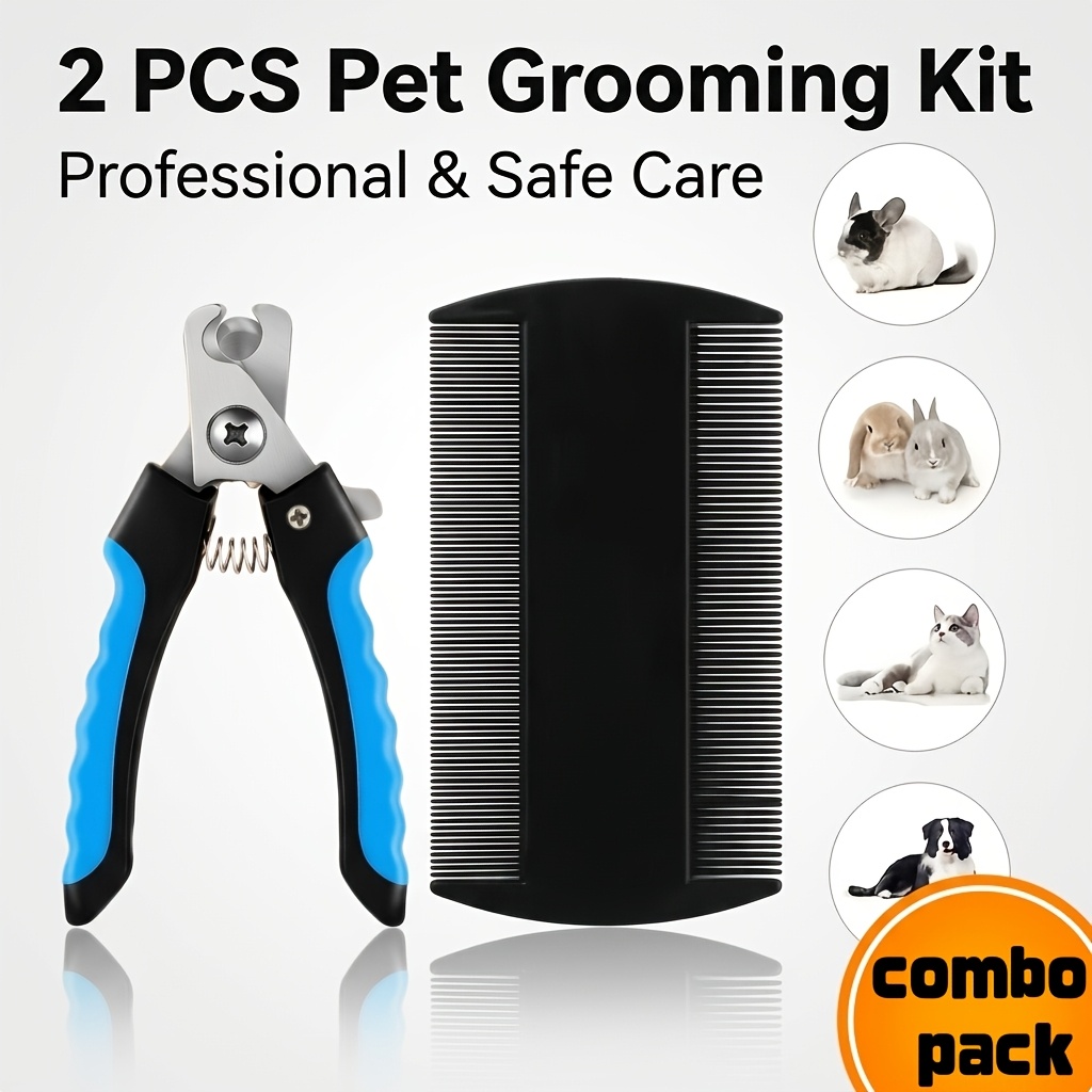 TEMU Lot de 2, Ciseaux pour animaux de compagnie + Peigne à dents fines, Coupe-ongles professionnels pour animaux de compagnie conçus pour une coupe