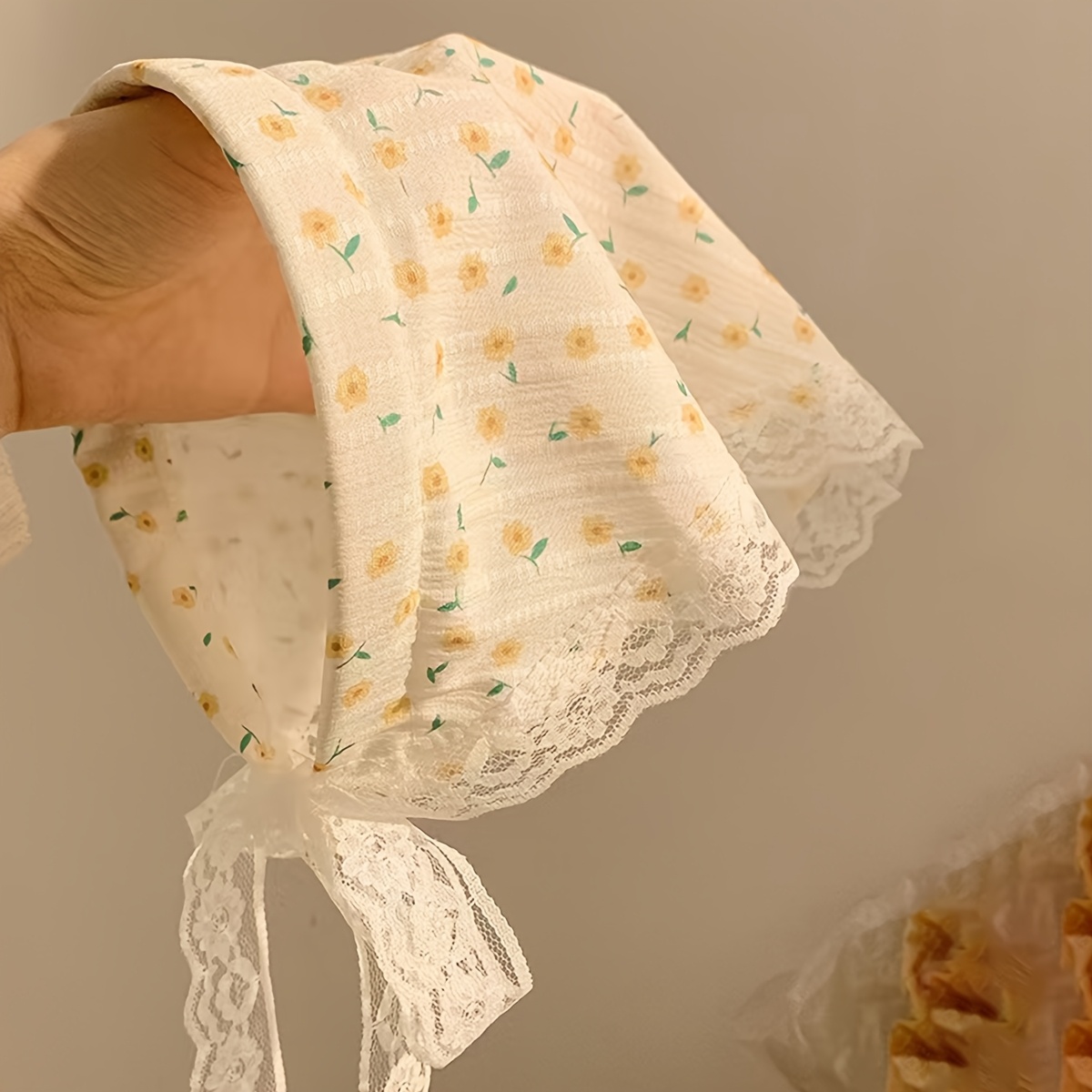 Image of 1pc Of Pastoral Floral Headscarf Headband Integrated Women's Summer Headscarf Triangular Scarf Seaside French Style Lace Headband