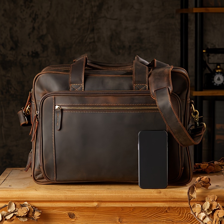 Crazy Horse Genuine Leather Scratch Repairable Men's Handbag, Handmade Vintage Crazy Horse Genuine Leather Tote Bag, Large Capacity Laptop Bag, Men's Single-Shoulder Crossbody Bag, Genuine Leather Business Briefcase