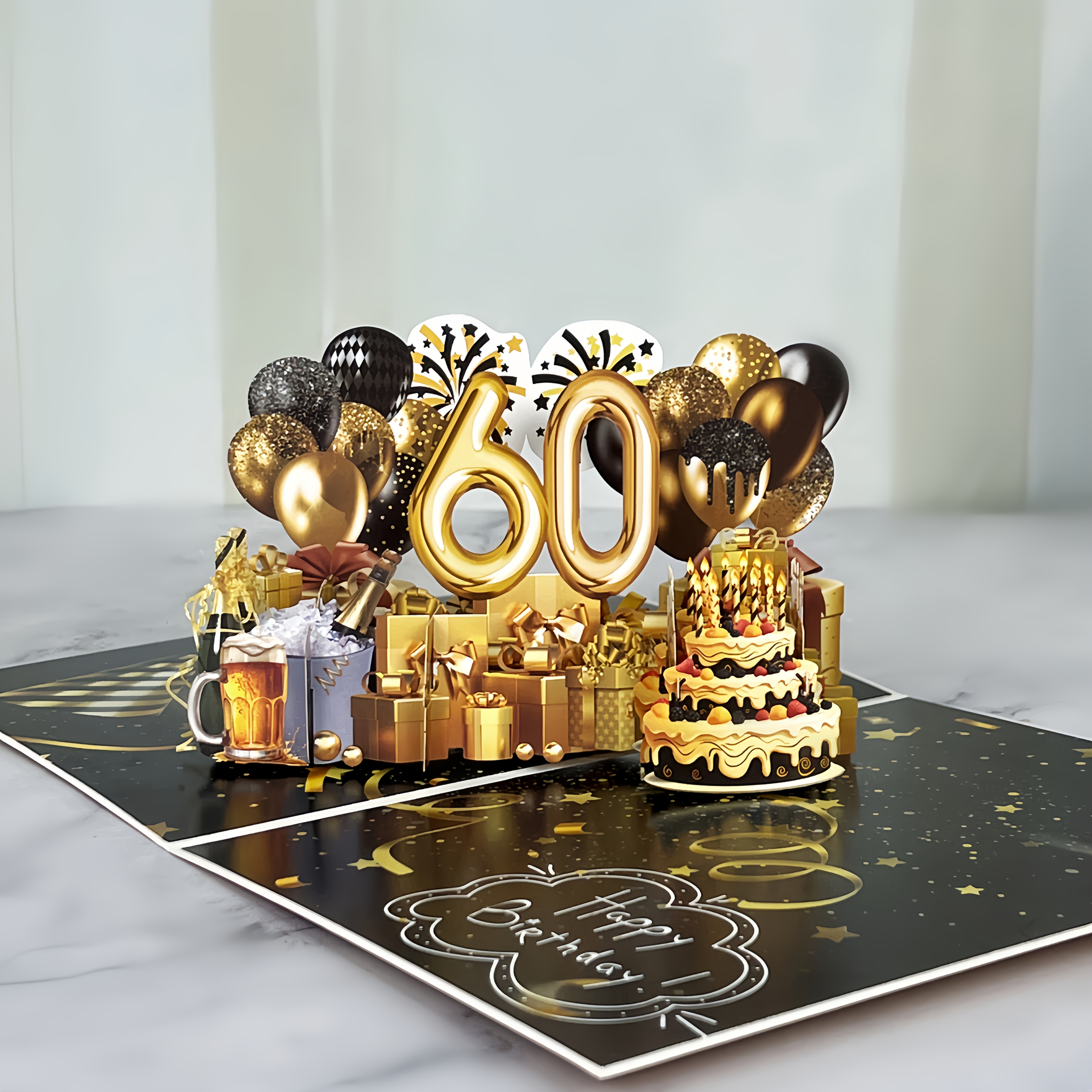 E-shop Pop-Up 3D Grußkarte mit Umschlag, Schwarz-Goldenes Thema, Glückwunsch zum 60. Geburtstag, Geeignet für Menschen im Alter von 60 Jahren,
