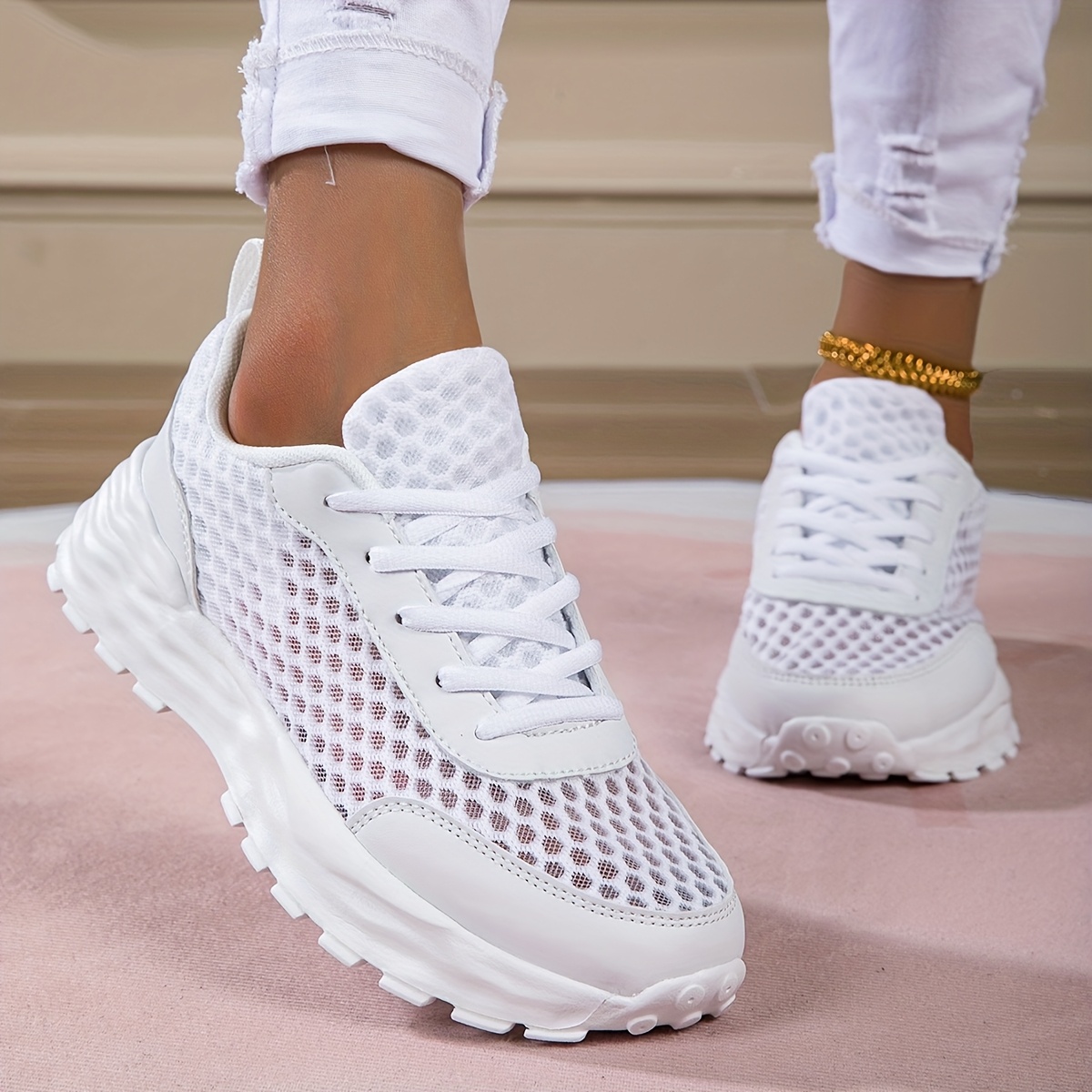 Women's Low-top Sneakers - Breathable Summer Casual With Round Toe & Lace-up Closure, Minimalist Sneakers Suitable For Casual Attire, Office, And Semi-formal Outfits - Sole & Fabric, Women Shoes