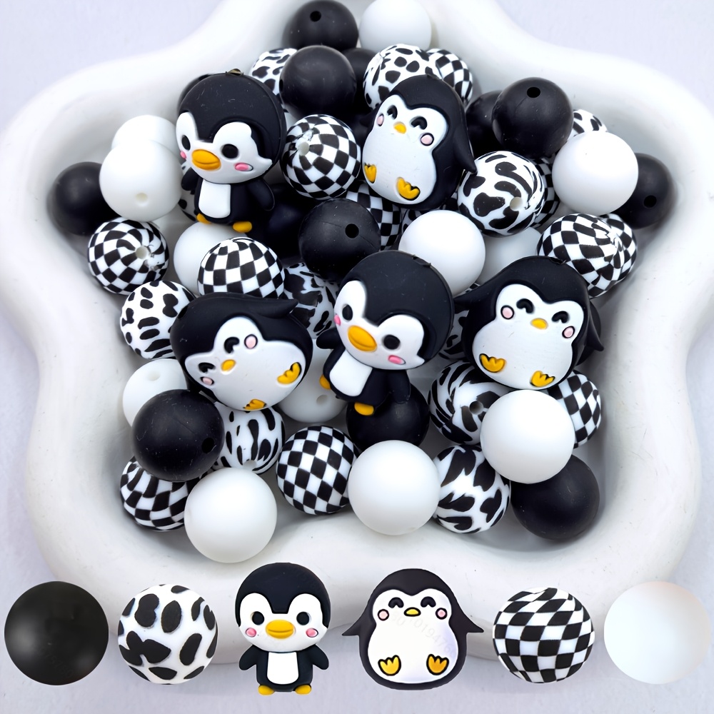 TEMU 28pcs Silicone Beads, 3d Penguin Shaped Beads, Animal Silicone Beads, Loose Bead Set, 15mm Round Silicone Beads, Checkered Printed Beads, Black