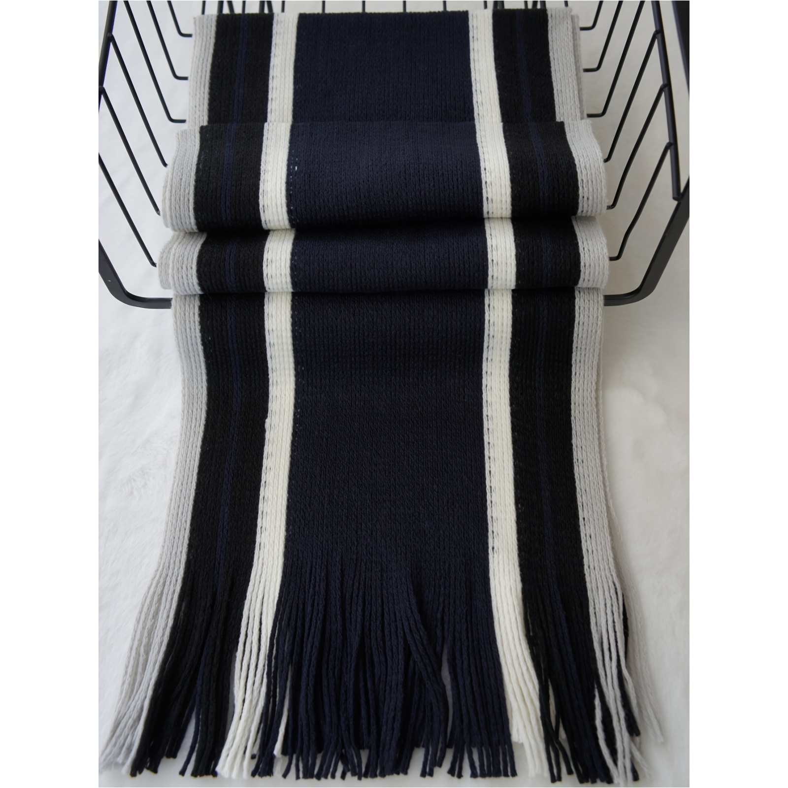 1pc Men'S Casual Style Striped Color Block Warm Acrylic Scarf with Tassel Detail - Knitted Fashion Accessory for Outdoor Trend details 29