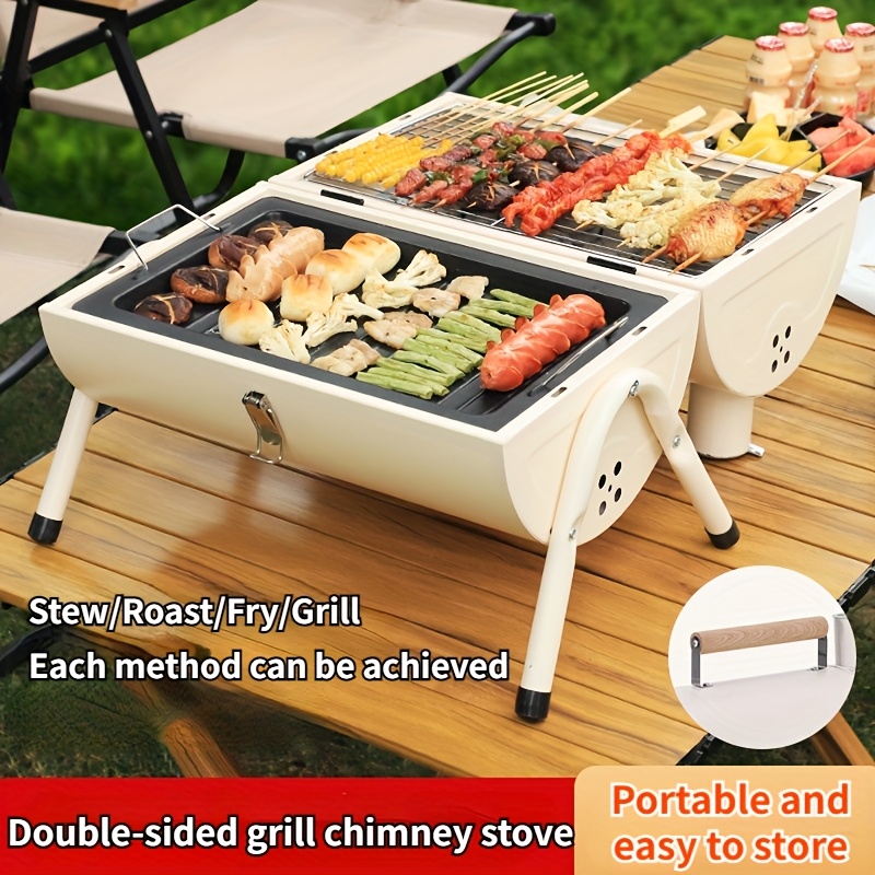 1pc Portable Charcoal Grill - Compact Outdoor Tabletop BBQ with Dual-Sided Grilling Rack, Sturdy Construction for Stew/Roast/Fry, Easy Storage, Ideal for Beach, RV Travel, Garden Parties, Valentine's Day - Black & White