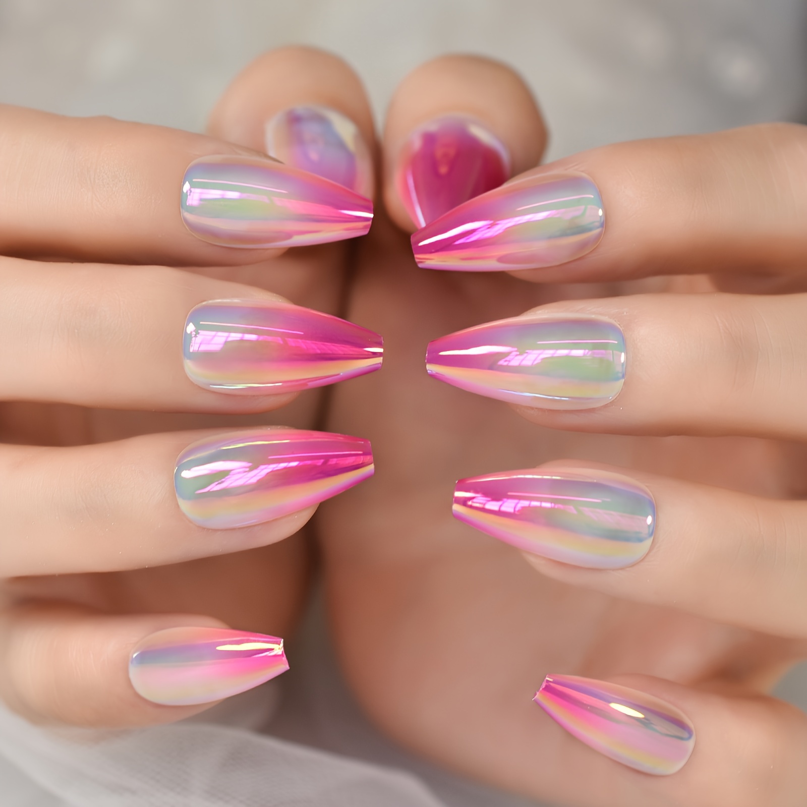 

Metallic Ombre False Nails Gorgeous Gradient Long Ballerina Fake Punk Style Press On Nails Bright Manicure Mirror Designed Tips
