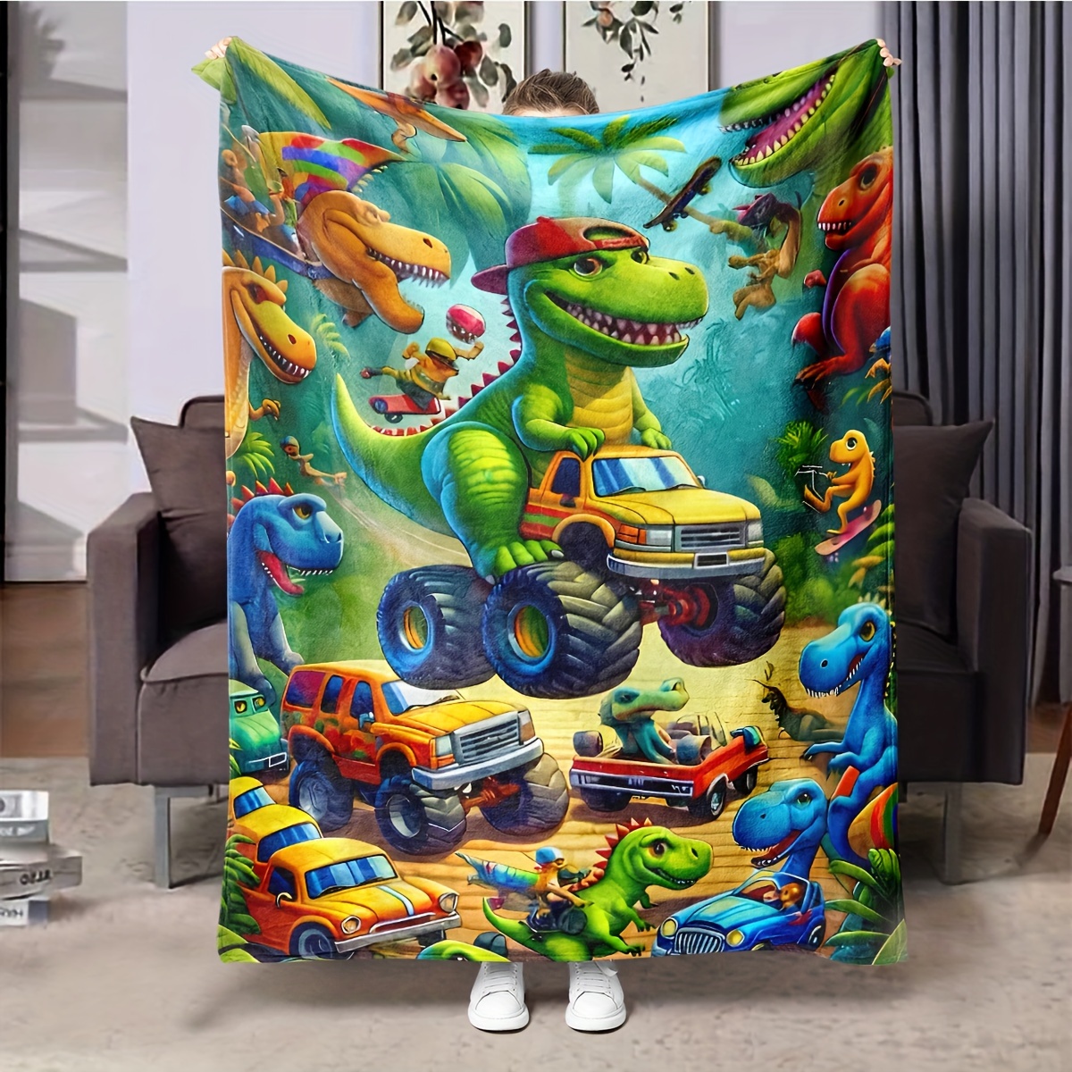 

Cozy Dinosaur Truck Flannel Throw Blanket - Soft, Warm & For Couch, Bed, Office, Camping & Travel - Gift