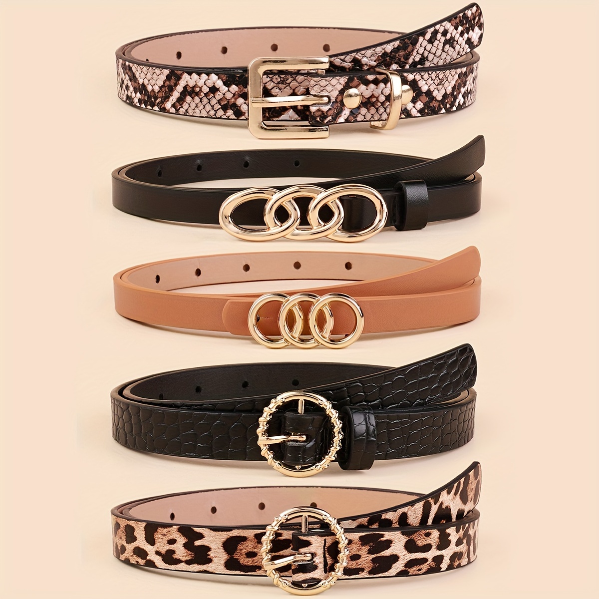 5pcs Skinny Thin Belts Women Solid PU Leather Classic Dress Belt