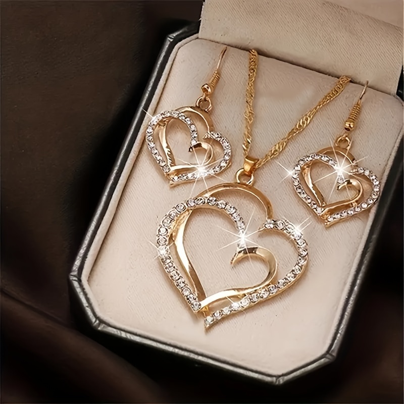 TEMU Elegant Heart-shaped Zirconia Pendant Necklace And Earrings Set - Perfect For Everyday Wear And As A Gift For Loved Ones