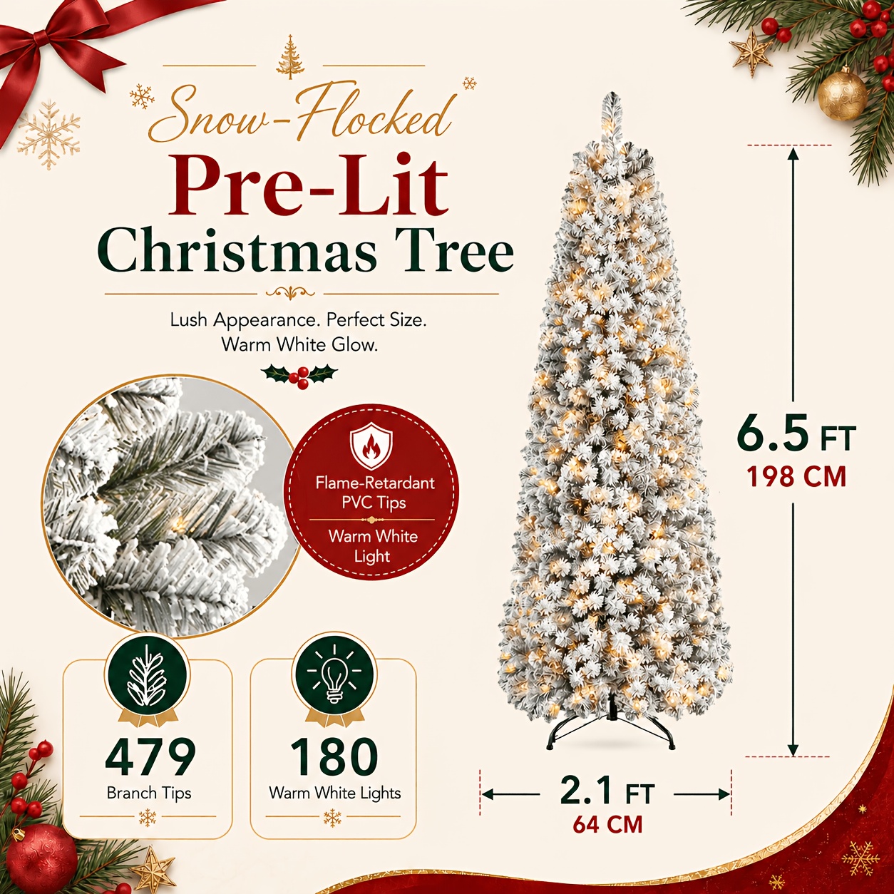 TEMU Arbre de Noël artificiel à mince, pré-lumineux, avec de neige, 4.5/5.5/6.5/7/7.5 FT, avec lumières, branches complètes, sapin à effiloché,