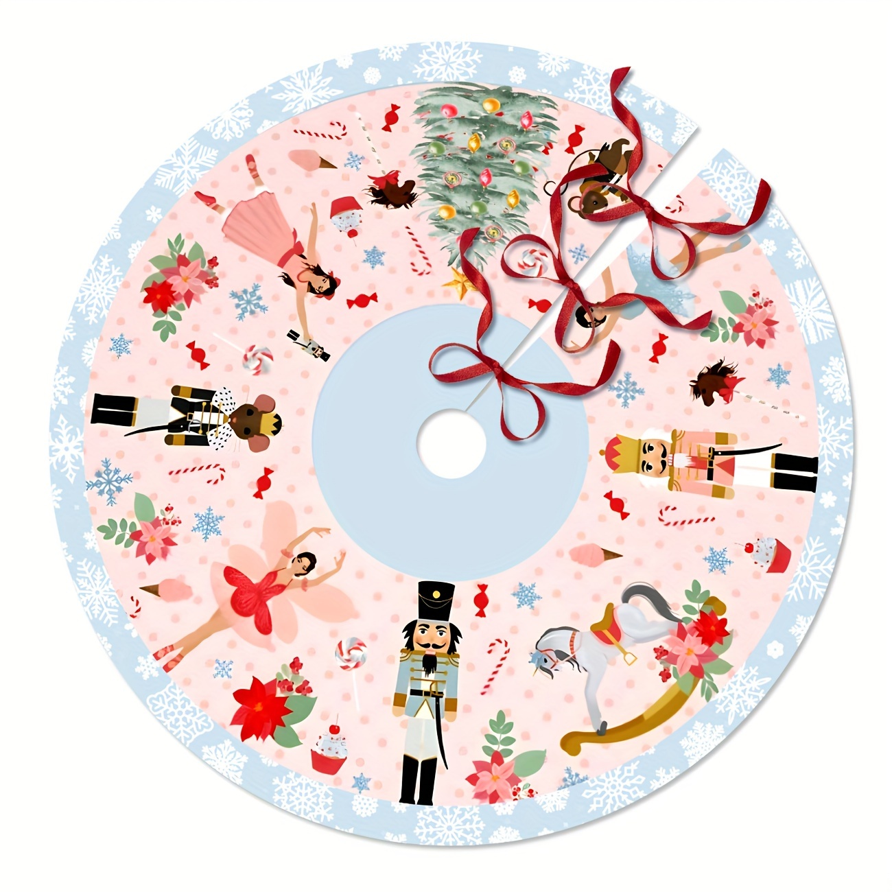 

Festive Christmas Tree Skirt: 48 Inch Vinyl Mat With Nutcracker And Pink Decorations For Holiday Parties