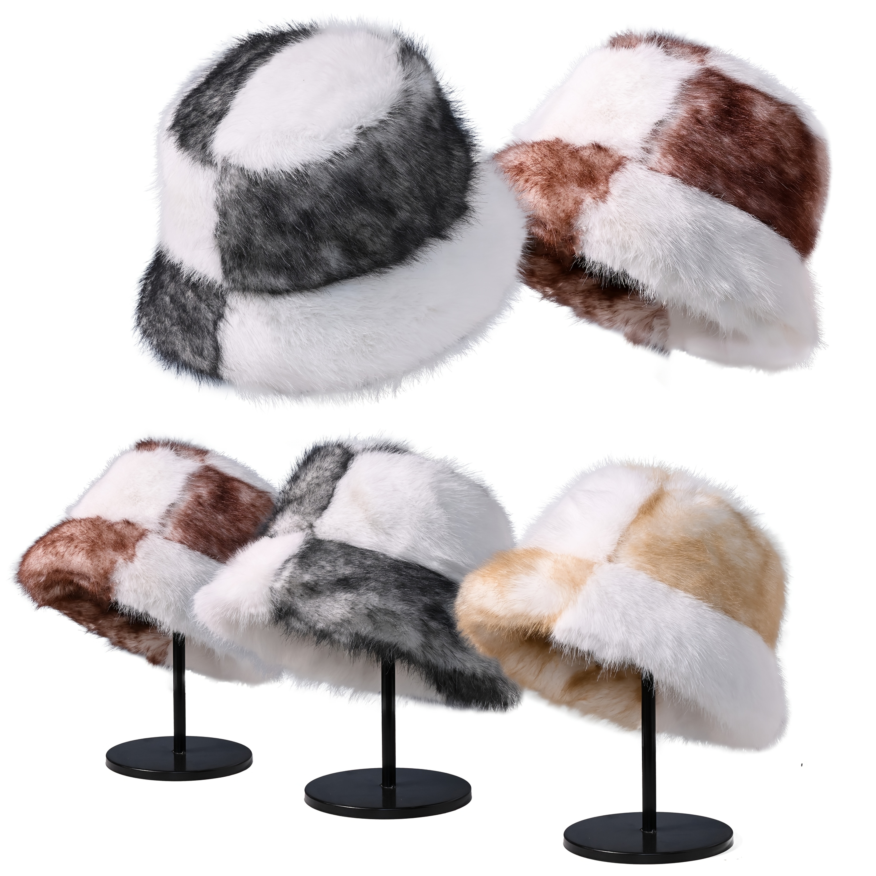 Oversized Faux Fur Bucket Hat, Plush Winter Style, Adjustable Drawstring Winter Warm Faux Fur Bucket Hat for Women Rabbit Fur Thick  main image 2