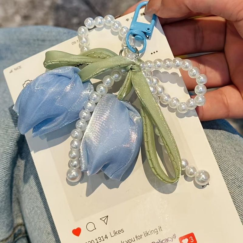 E-shop Süßer Blumenperlen-Schlüsselanhänger mit Schleife, Exquisiter Blumen-Schlüsselanhänger, als stilvoller Taschenanhänger Autoschlüssel-Accessoire,