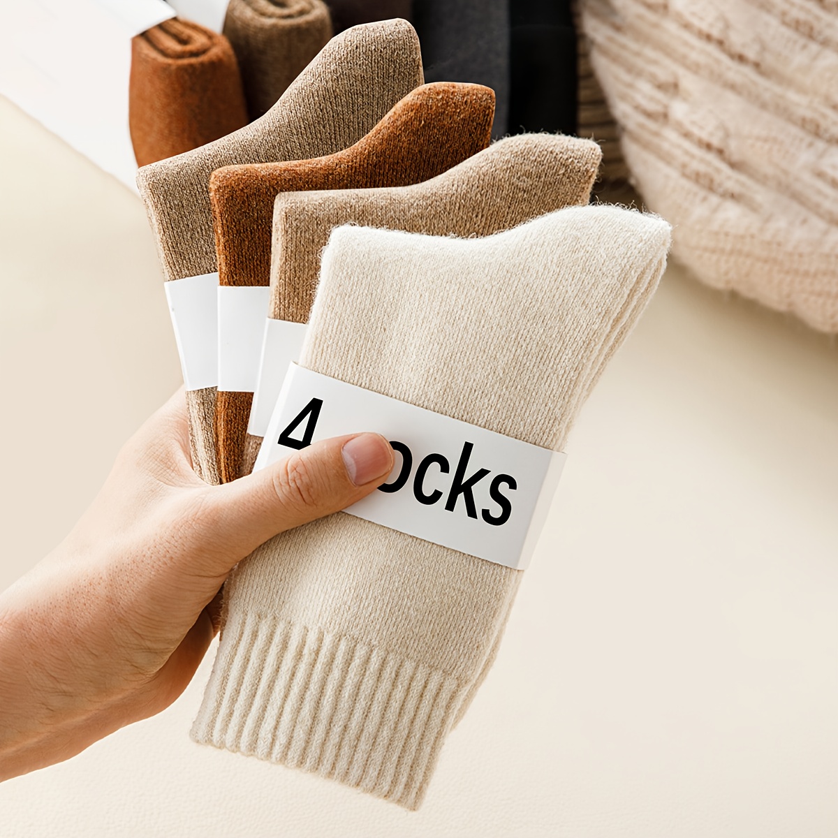 Temu 4-Pack Meias Femininas Outono/Inverno Cores Sortidas, Meias De ChãO ConfortáVeis Em Malha Terrycloth Espessas E Quentes Para Uso DiáRio-image