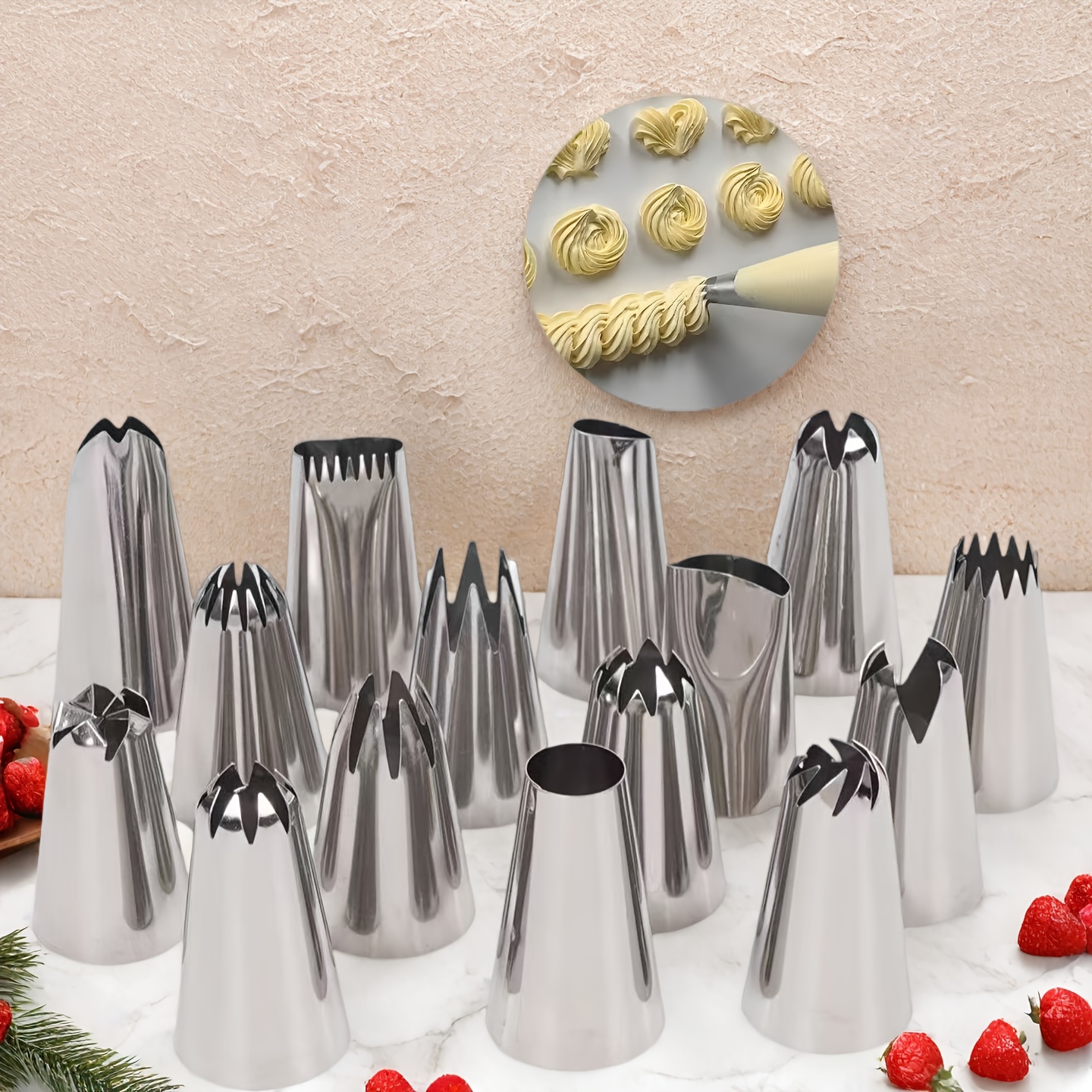 E-shop 15-teiliges Edelstahl-Spritzdüsen-Set - Kuchendekorationswerkzeug für Backkreationen, Ideal für Blumendekoration, Schöne Cupcakes, Kuchen,